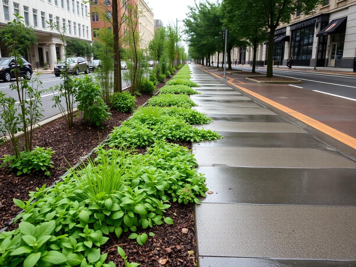 Green infrastructure bioswale collecting stormwater along a city street