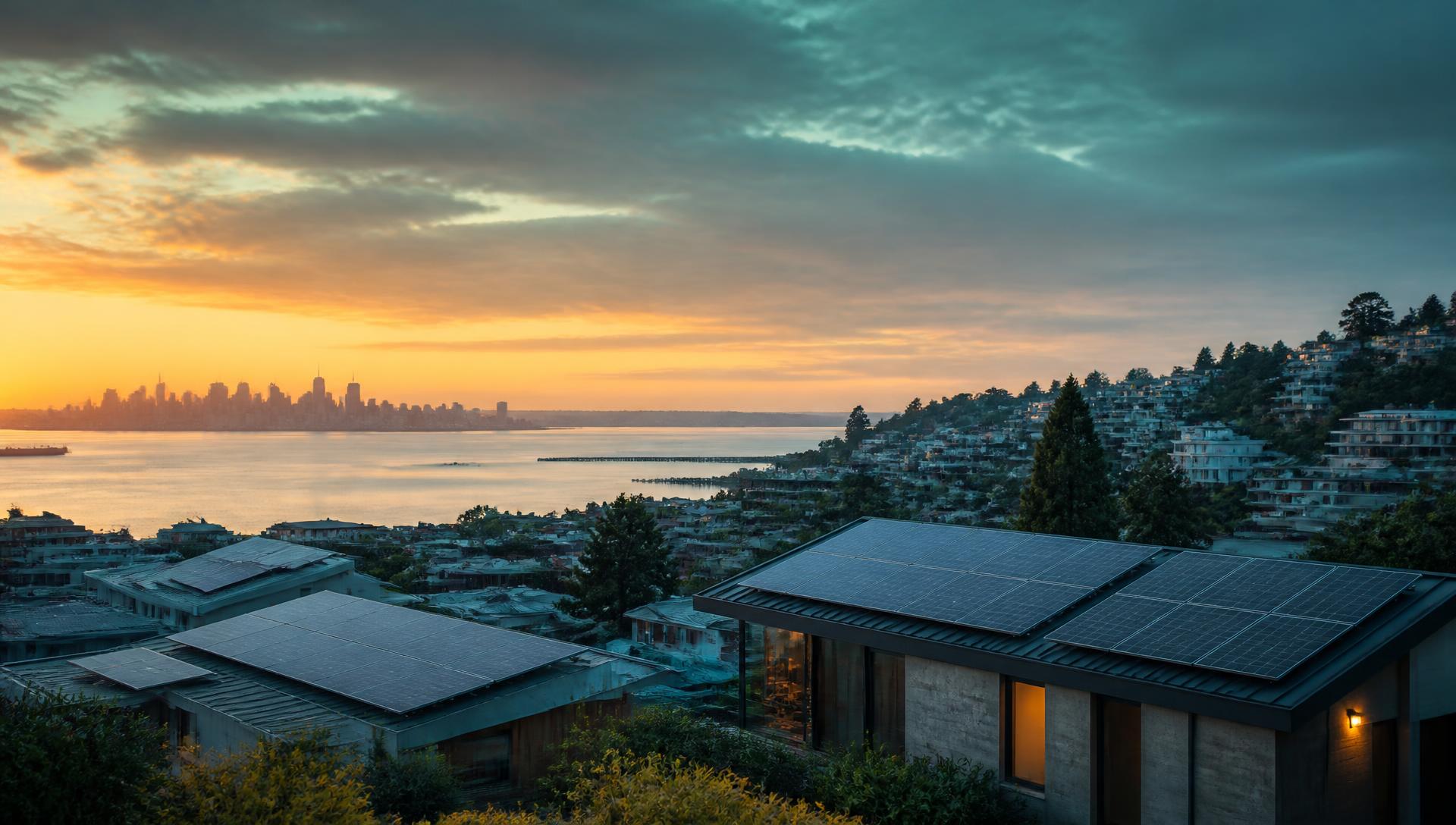 Coastal neighborhood at dawn with rooftop solar panels facing a city skyline